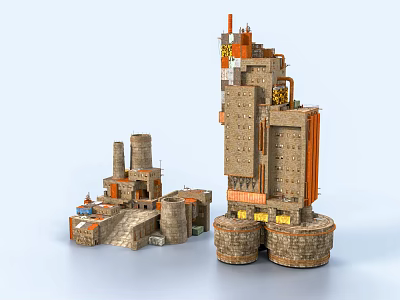 Future Architecture Industrial Style Multi Layered Structure With Cylindrical Base Chimneys And Pipes 3d model