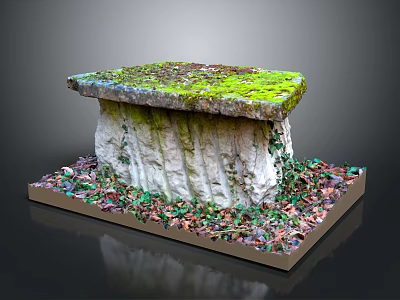 Natural Stone And Wood Pedestal With Moss Covered Surface And Colorful Fallen Leaves 3d model