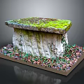 Natural Stone And Wood Pedestal With Moss Covered Surface And Colorful Fallen Leaves