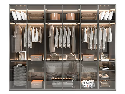 Modern Wardrobe Design With Glass Doors Hanging And Folded Clothes Storage Boxes 3d model