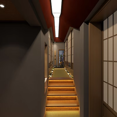 Traditional Hotel Corridor Interior With Wooden Stairs And Paper Screen Doors 3d model