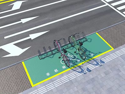 Road Facility Bicycle Parking Area with Bike Racks Green Zone and Traffic Arrows 3d model