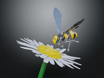 Smart Robotic Bee With Metallic Body And Transparent Wings On White Daisy Flower 3d model