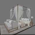 Modern Canopy Double Bed With White Drapes Side Bench Wooden Nightstand And Soft Area Rug