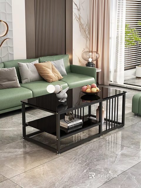 Modern Black Coffee Table With Glass Top Metal Frame And Fruit Tray In Living Room 3d model 