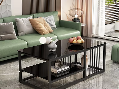 Modern Black Coffee Table With Glass Top Metal Frame And Fruit Tray In Living Room 3d model