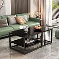 Modern Black Coffee Table With Glass Top Metal Frame And Fruit Tray In Living Room