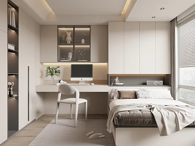 Modern Tatami Bedroom with Desk Computer Chair Plant Storage Cabinets Window and Soft Rug 3d model