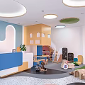 Colorful Kindergarten Interior With Reception Staircase Toys Green Plant And Play Structures