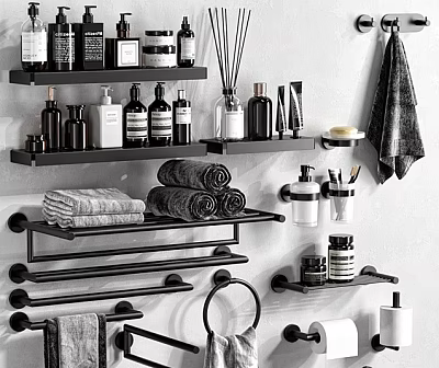 Modern Bathroom Accessories Organized on Shelves Racks and Holders with Towels Toiletries and Diffusers 3d model