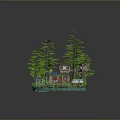Natural Scenery with Pine Trees Small Wooden Houses White Car and Water Area