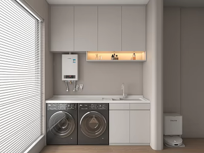 Minimalist Modern Bathroom Cabinetry Featuring White Cabinets Lit Shelf Double Washing Machines And Toilet 3d model