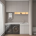Minimalist Modern Bathroom Cabinetry Featuring White Cabinets Lit Shelf Double Washing Machines And Toilet