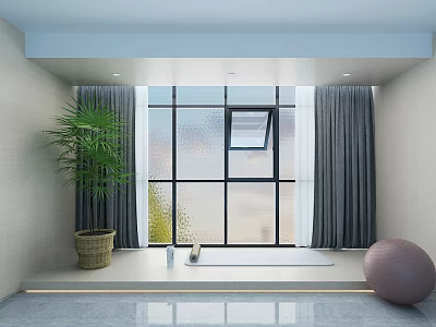 Serene Yoga Room With Large Window Gray Curtains Green Plant Yoga Mat And Ball 3d model