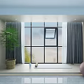 Serene Yoga Room With Large Window Gray Curtains Green Plant Yoga Mat And Ball