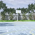 Outdoor Basketball Court With Yellow Line Markings Surrounded by Trees and Fenced Area