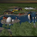 Fun Amusement Park with Water Pool Iceberg Structures Penguin Statues Colorful Rides Sunset Green Trees