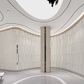 Modern Circular Lounge Area Design With Bookshelves White Sofas Coffee Tables And Ceiling Decor