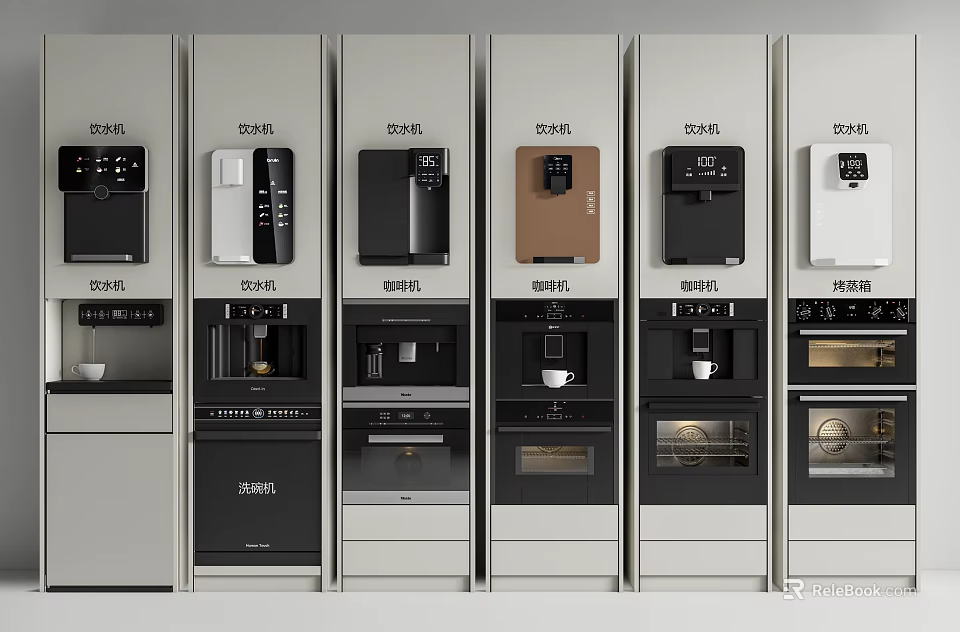 Various Styles And Colors Of Kitchen Appliances Including Coffee Machines And Ovens Neatly Arranged 3d model 