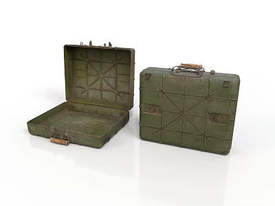 Vintage Green Suitcases Open And Closed With Leather Handle Metal Clasps 3d model