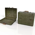 Vintage Green Suitcases Open And Closed With Leather Handle Metal Clasps