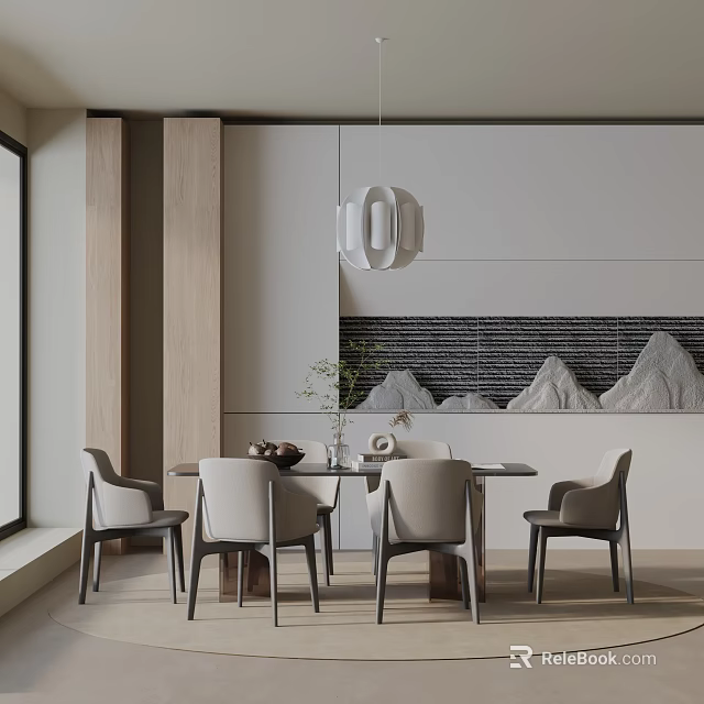 Modern Dining Table Set With Beige Chairs Pendant Light And Mountain Wall Art 3d model 