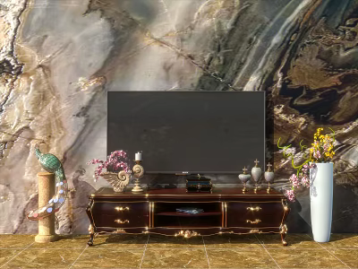 Elegant TV Stand With TV Gold Accents Marble Wall Vase And Flowers Decorations 3d model