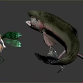 Fantasy Game Movie Character Fairy With Green Wings Standing By Giant Rainbow Trout