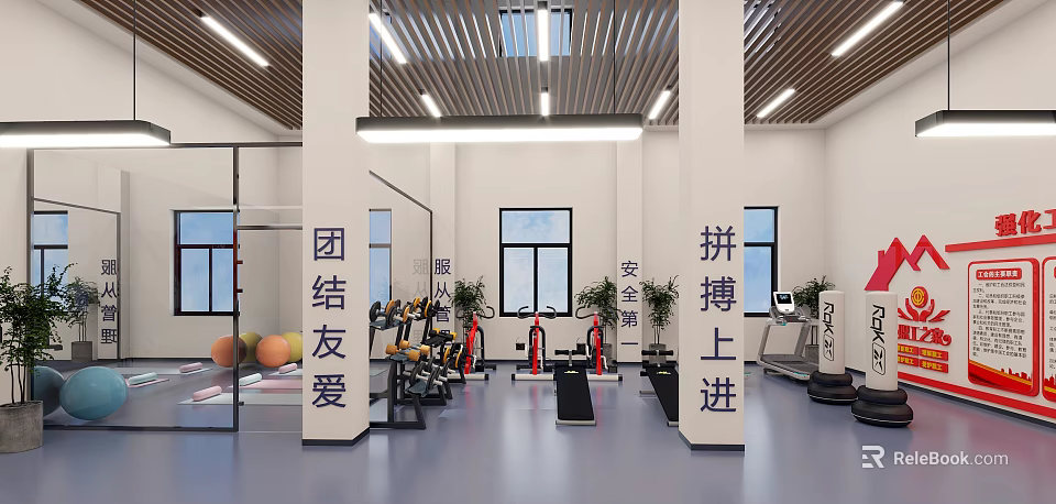 Spacious Leisure Area in Gym with Fitness Gear Motivational Slogans Fresh Fruits and Bright Windows 3d model 