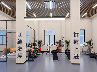 Spacious Leisure Area in Gym with Fitness Gear Motivational Slogans Fresh Fruits and Bright Windows 3d model