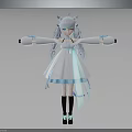 Anime Style Character With Cat Ears Long Blue Hair White Dress And Mechanical Arms