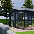 Outdoor Garden Patio Space With Black Glass Pavilion White Umbrella And Green Trees