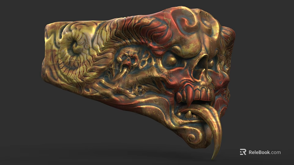 Ornate Clothing Accessory With Intricate Skull Flame Carvings And Gold Red Hues 3d model 