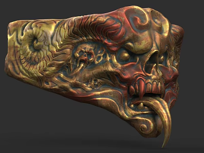 Ornate Clothing Accessory With Intricate Skull Flame Carvings And Gold Red Hues 3d model