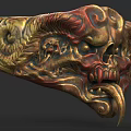 Ornate Clothing Accessory With Intricate Skull Flame Carvings And Gold Red Hues