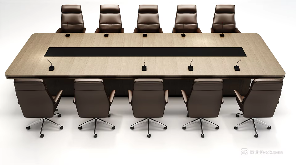 Modern Wooden Conference Table With Brown Chairs And Microphones In Meeting Room 3d model 