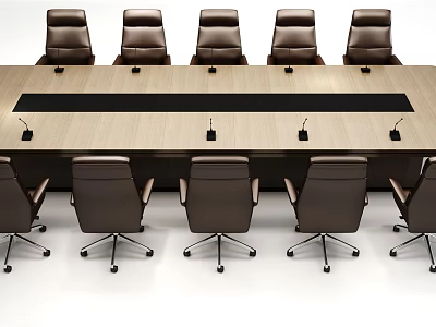 Modern Wooden Conference Table With Brown Chairs And Microphones In Meeting Room 3d model