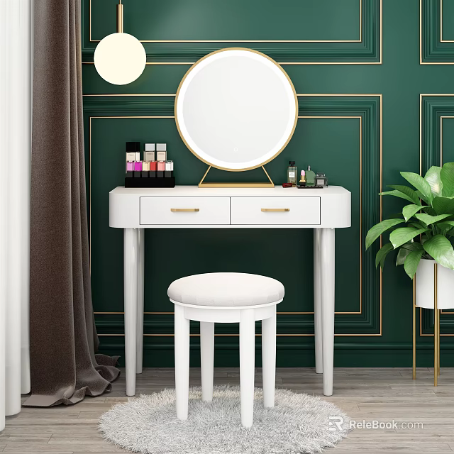 Elegant White Dressing Table with Gold Trim Round Mirror Stool Green Plant and Cosmetics 3d model 