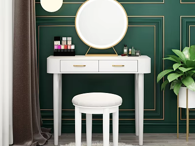 Elegant White Dressing Table with Gold Trim Round Mirror Stool Green Plant and Cosmetics 3d model