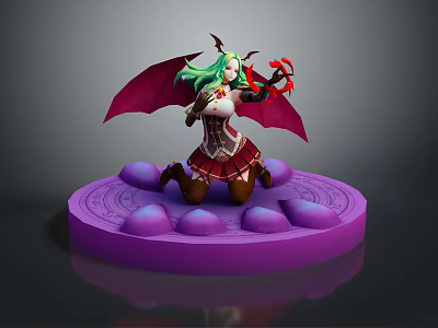 Fantasy Character With Green Hair Red Wings And Horns Wielding Red Axe On Purple Platform 3d model