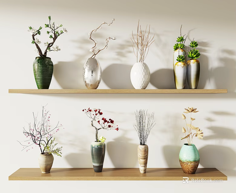 Decorative Vases With Assorted Plants On Wooden Shelves For Home Interior Decoration 3d model 