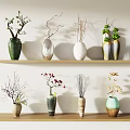 Decorative Vases With Assorted Plants On Wooden Shelves For Home Interior Decoration