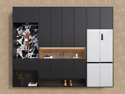 Modern Dark Grey Sideboard Cabinet With Built In Refrigerator And Illuminated Open Display Shelves 3d model