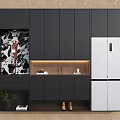 Modern Dark Grey Sideboard Cabinet With Built In Refrigerator And Illuminated Open Display Shelves