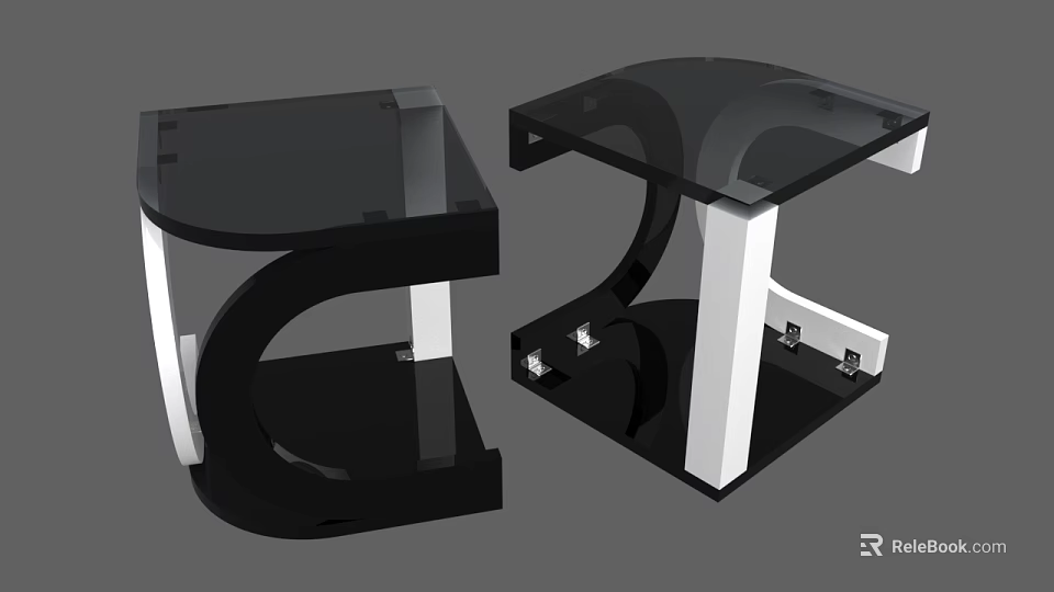 Modern Side Tables With Glass Top And Curved Black White Metal Legs 3d model 