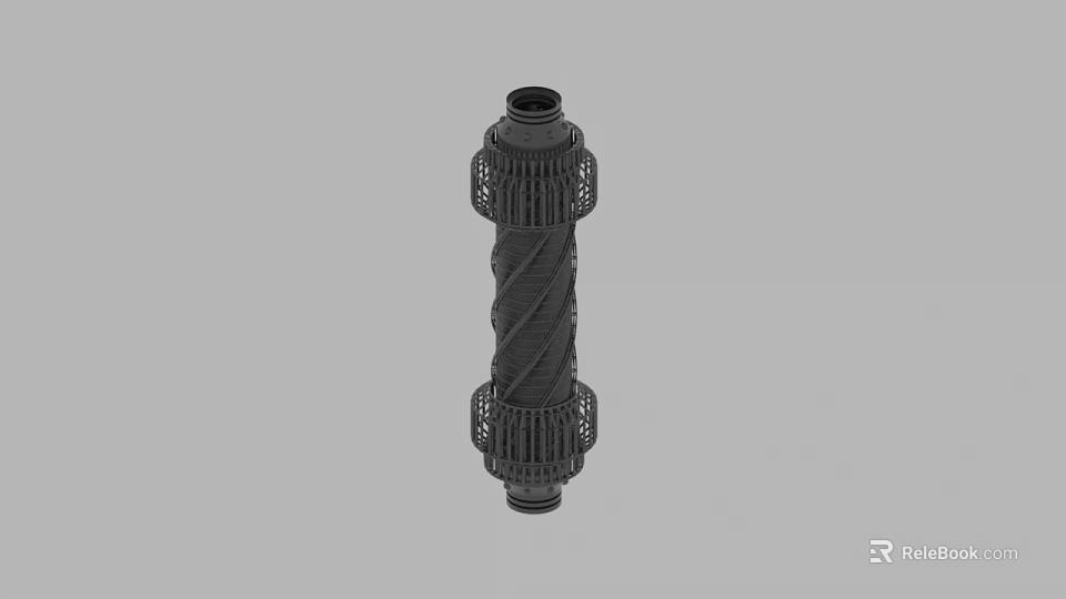 Black Cylindrical Mechanical Component With Spiral Design And Side Flanges 3d model