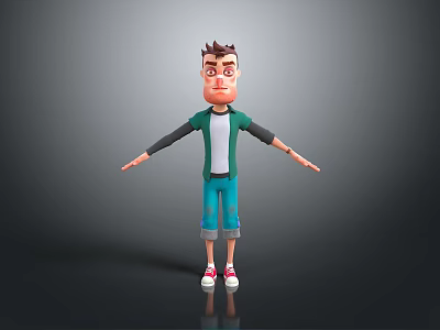 Cartoon Man In Green Top White Shirt Blue Shorts Red Shoes Arms Outstretched Gray Background 3d model