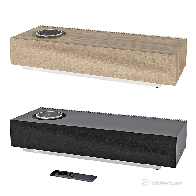 Modern Light Wood And Black Soundbar Speakers With Circular Control Panels 3d model 