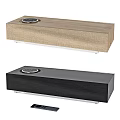 Modern Light Wood And Black Soundbar Speakers With Circular Control Panels