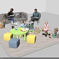 Kids Table In Family Play Area With Colorful Stools Toys And Children Playing